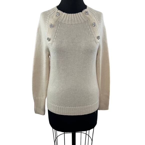 NWT J.CREW Natural Cream Crewneck Sweater Rhinestone Jewel Button Wool Blend XS - Picture 1 of 12